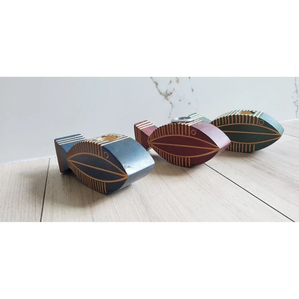 Hand Carved Wooden Fish‎ Decor Set of 3 Coastal Nautical Shelf Art
